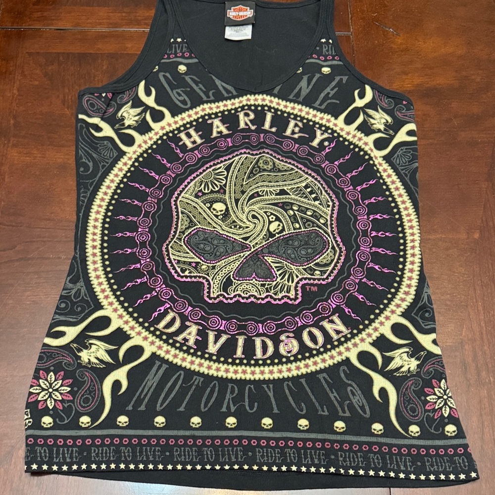 Harley-Davidson Black Tank with Pink and Gold Skull
